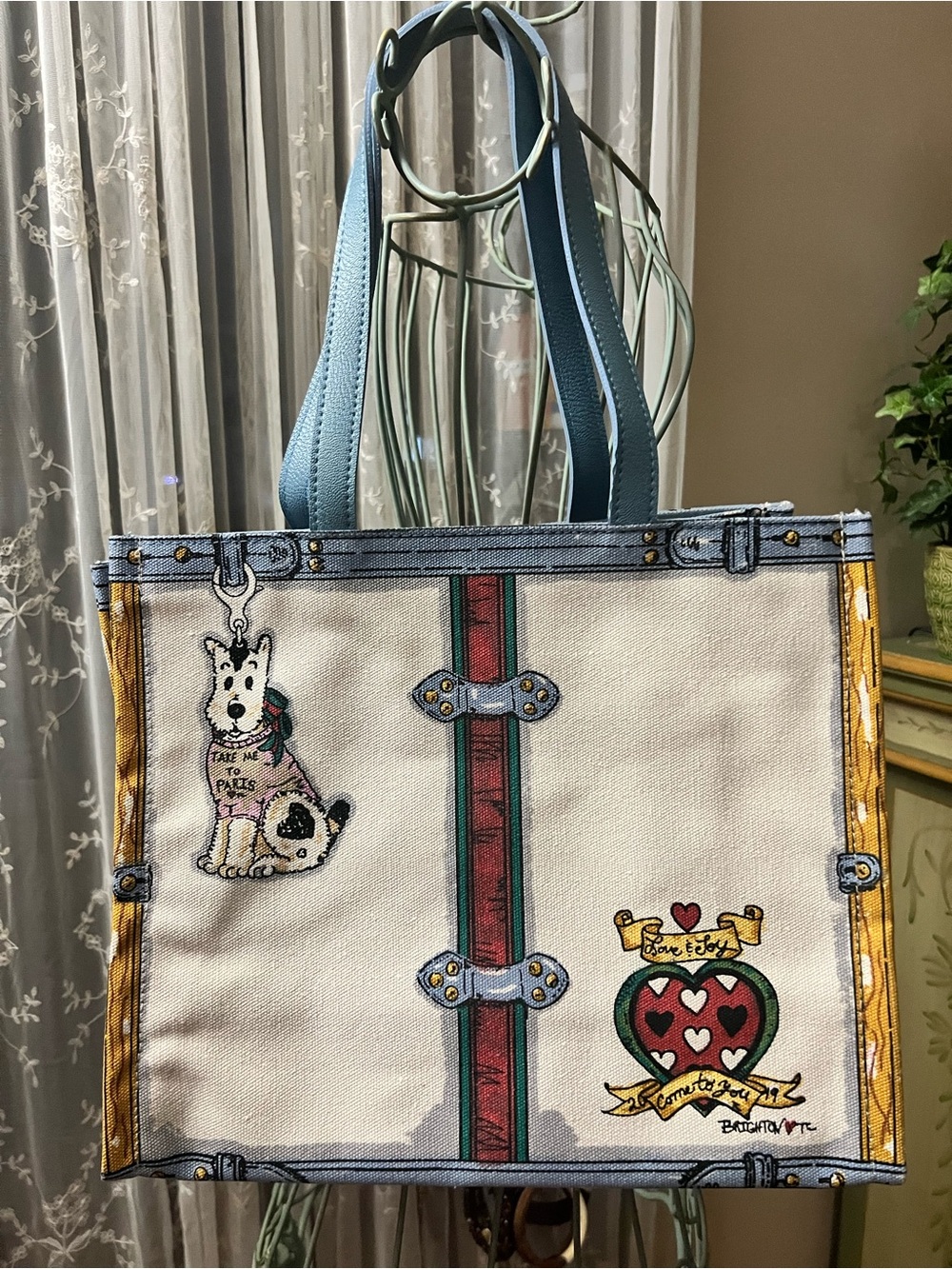 Brighton In Love We Trust Tote Bag with Heart & Dog Print - Blue/White